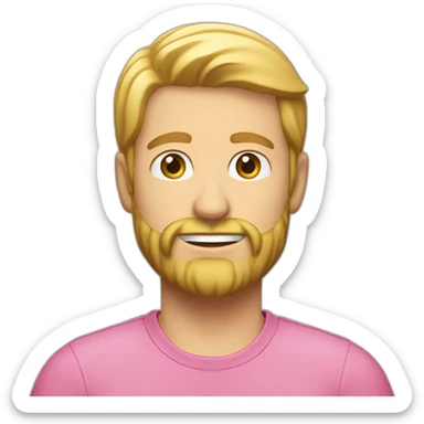 a guy in a pink shirt, blond, with a short beard in a blue cap, sticker