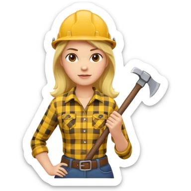 lumberjack woman holding axe yellow checked shirt sticker
