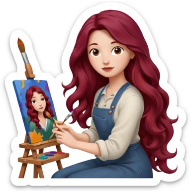 Realistic, female artist with long burgundy wavy hair, sitting at a canvas, with paint brushes, side view, still life, 3D rending  sticker