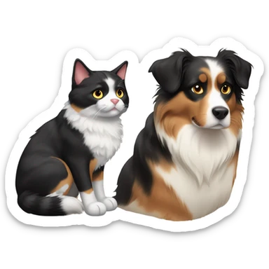 Fat calico cat with a black and tan Australian Shepard dog sticker