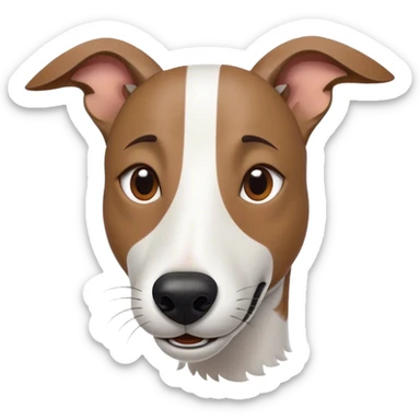 Cinematic Comical White and Brown Greyhound Portrait Emoji, Head tilted dramatically with an exaggeratedly amused expression, featuring a striking white Fur with dynamic brown accents, wide, expressive eyes filled with playful disbelief, Simplified yet hilariously expressive features, highly detailed, glowing with a slightly sassy glow, high shine, dramatic yet playful, stylized with an air of cheeky mischief, bright and endearing, soft glowing outline, capturing the essence of a spirited and over-the-top racer, so meme-worthy it feels like it could side-eye its way into internet fame instantly! sticker