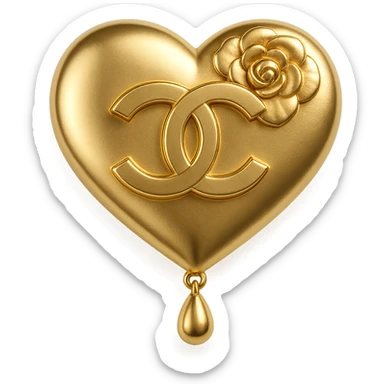 Chanel heart in metallic gold style with a camellia flower and a dangling earring, glamorous sticker