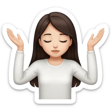 Girl long dark brown hair light medium skin hands lifted, eyes closed, white top sticker