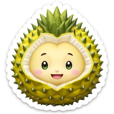 A chibi-style round durian character with green spiky shell and yellow flesh, blushing and shy with sparkly eyes – pastel tones sticker