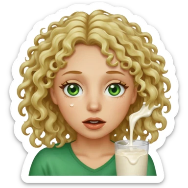 Woman with green eyes and dirt blonde curly hair with milk dripping from mouth and face  sticker