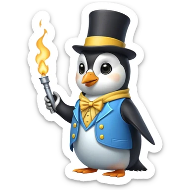 Pinguino vestito di blu un pochino piu chiaro e giallo con un cappello da mago sticker