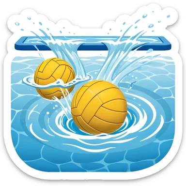 An icon featuring a yellow water polo ball floating on the water with goals in the background, inside a swimming pool. The design includes splashes and ripples, symbolizing the fast-paced action and strategy of water polo. Transparent background highlights. sticker