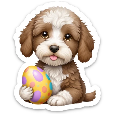 Aussie labradoodle Merle brown with white chest. It’s a puppy holding an Easter egg sticker