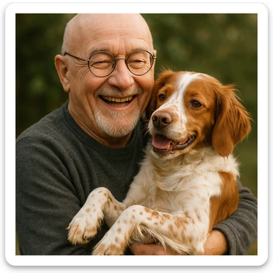 bald old man with round glasses and a grey goatee, holding a Brittany Spaniel in his arms, joyful and loving mood sticker