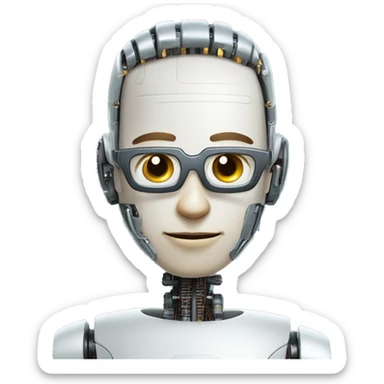 Robotic Cyborg head with fair skin, flat top haircut, rectangular glasses, circuits and smiling  sticker