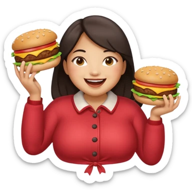 n create a humongous asian girl with 2 burgers and a cookie in her mouth, she is super fat, please make her a full body emoji sticker