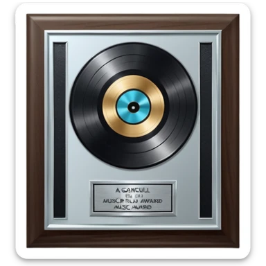 A platinum music award plaque: a square, polished platinum plate with a subtly textured, mirror-like finish, mounted on a simple dark wood base. The center features a relief of a or stylized vinyl record in a slightly darker metallic tone.  sticker