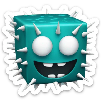 dark cyan cube with white eyes and some teethlike spikes on the bottom sticker