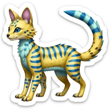 Colorful Exotic Golden Gold Shiny Lombax-Sergal-Vernid-Trico-Serval-Civet-Genet-Pokémon-Digimon-Fakémon-fusion-hybrid-creature with Cyan stripes and blue leopard-spot-markings  sticker