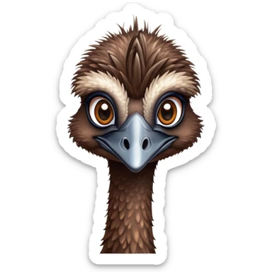 Cinematic Cute Emu Portrait Emoji, Head tilted playfully and inquisitively, featuring a glossy, textured brown plumage with a perky head and round, sparkling eyes full of curious wonder, Simplified yet irresistibly adorable features, highly detailed, glowing with a warm, friendly glow, high shine, affectionate and lively, stylized with a touch of outback whimsy, bright and endearing, soft glowing outline, capturing the essence of a mischievous yet loving emu, so playful it feels like it could gallop out of the screen into your arms! sticker