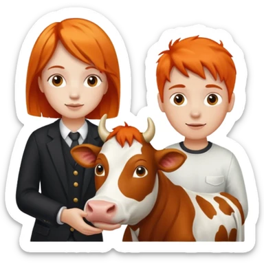 A boy and a girl with orange hair petting a cow sticker