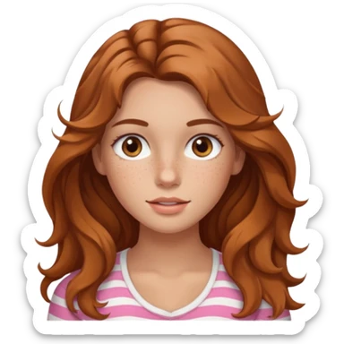 A girl with slightly tan skin but white, with freckles, brown long hair with no bags just face framing, beach waves hairstyle, brown eyes, light blush and normal size lips  sticker