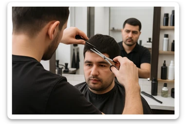 yuzi ko'rinmasin sartaroshxonada ishlayotganini tasvirlab ber mijozlarni sochini olayotganini sticker