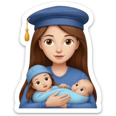 "Woman with long brown hair and fair skin holding a baby with a cap and fair skin." sticker