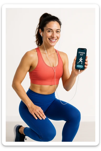 donna su sfondo isolato che fa workout tramite app fitness. in italiano sticker