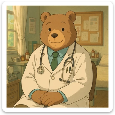 bear doctor, ghibli style, gentle and warm, medical setting, soft colors sticker