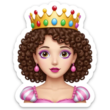 brunette curly haired queen of the candyland, with candy makeup candy crown and just face sticker