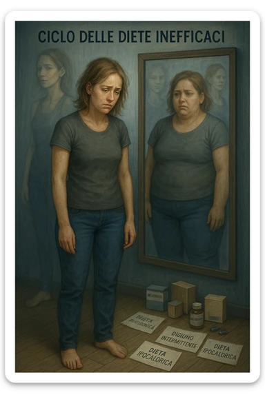 Donna tra i 30 e i 40 anni, in piedi davanti a uno specchio, con espressione delusa e stanca. Accanto a lei, sul pavimento, scatole di integratori, foglietti con scritte tipo 'Dieta chetogenica', 'Digiuno intermittente', 'Dieta ipocalorica'. Riflesso nello specchio mostra una versione di sé con peso aumentato, come se fosse tornata indietro nel tempo. Attorno a lei, immagini sbiadite o sovrapposte di sé in passato, quando era dimagrita. Atmosfera emotiva, simbolica, con luce fredda e sfumature di frustrazione. Messaggio visivo forte: 'ciclo delle diete inefficaci' in italiano sticker