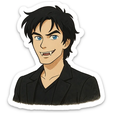 ghibli style Damon Salvatore as a vampire with dark hair, blue eyes, fangs, charming expression sticker