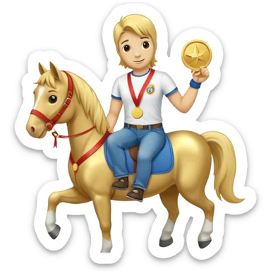 friendly anthropomorphised horse in jeans and a t-shirt, wearing a gold medal sticker