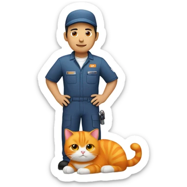 Asian man in mechanic uniform holding fat orange cat  sticker