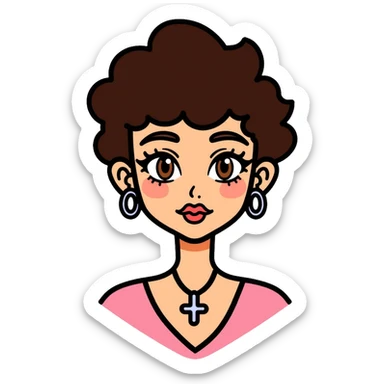 Light-skinned girl with honey brown eyes, long thick eyelashes, thin dark brown eyebrows, dark brown short curly hair with light highlights, flushed lips with heavy cupid bow, wearing a silver cross necklace, round silver earrings, and a light pink top with v-line sticker
