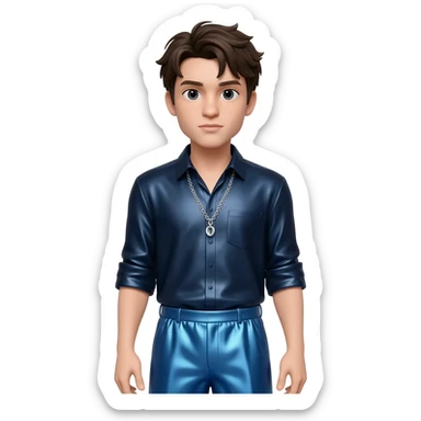 Jonathan Bailey with dark brown hair, dark blue metallic shirt, blue metallic baggy pants, silver necklace sticker