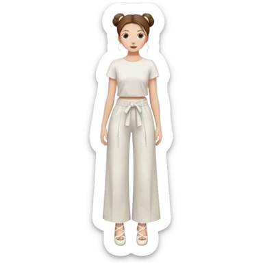 Chica blanca, traje pantalón blanco ancho, muy largo zapatos blancos tacon pelo recogido con mondongos mechones sueltos castaño ycuerpo entero sticker