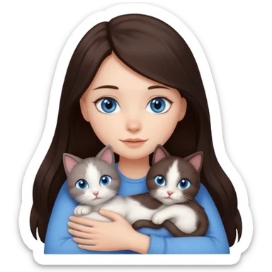a pretty girl with long dark 
brown hair, with blue eyes, hugs 3 different natural coloured small cats sticker