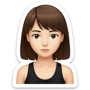 Crie um emoji que tenha o cabelo castanho médio, de cumprimento no peito, que tenha uma franja no tamanho da sobrancelha, com os olhos escuros e que use uma regata preta sticker