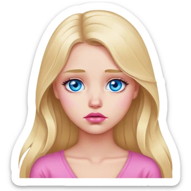 A beautiful blonde girl with long hair, blue eyes, pink lips is sad sticker