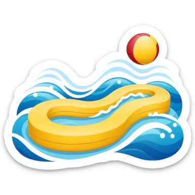 A swimming pool symbol with waves, representing broad sports variety (swimming, gym, classes). Rounded shapes, flat bright colors. sticker