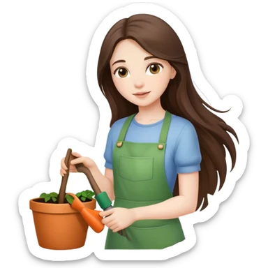 beautiful pale brunette girl with long hair gardening sticker