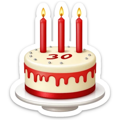 cake with red edges, glitter on top and two long, thin candles with the number 30 written on them sticker