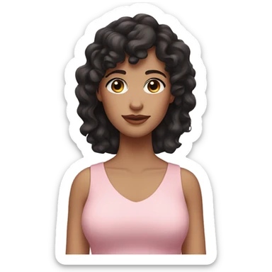 White woman with long black curly hair and bangs and dark brown eyes, wearing a pastel pink dress sticker