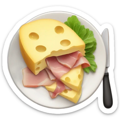 A big Melting raclette cheese in a plate with a little piece of ham and 4 potatoes  sticker