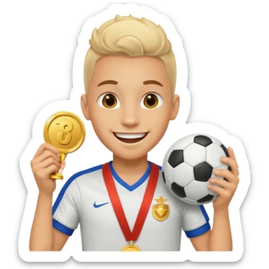 Happy light soccer player with a first-place medal
 sticker