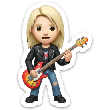3D Apple-style emoji of a metal musician holding an electric guitar with a bold "ROCK" sign above. Long hair, black leather jacket, ripped jeans, intense expression. Rounded, glossy, smooth, soft shadows, white background.











 sticker