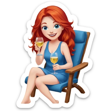 Laughing woman with long red hair and blue eyes holding white wine sitting in chair with feet up beside fire pit sticker