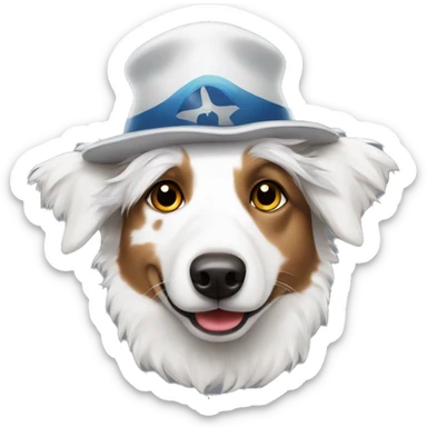 White australian shepherd wearing a propeller hat sticker