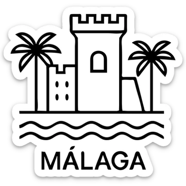 icon of Málaga featuring the Alcazaba fortress, palm trees, and the Mediterranean Sea, clean modern icon style, simple lines, minimal color palette sticker