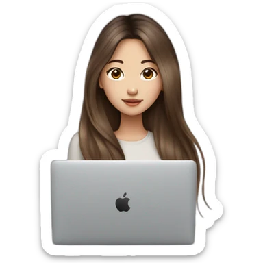 brown balayage straight long Hair korean girl with macbook sticker