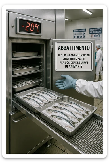 a fish processing facility where freshly caught fish are placed on trays and moved into a large industrial freezer. A temperature gauge shows -20°C, and an educational label explains that rapid freezing (abbattimento) is used to kill Anisakis larvae. The background includes workers in protective clothing and clear signage about food safety. in italiano sticker