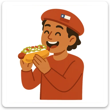 flat toon style of a Chilean person happily eating a completo hot dog sticker