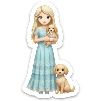 Pastel anime lady long hair with long lace dress full body holding puppy sticker